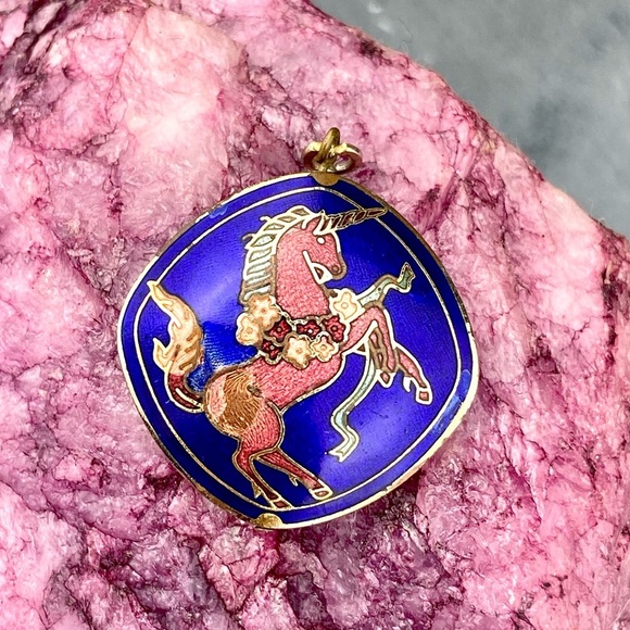 American Vintage Jewelry - VINTAGE Enamel Unicorn Renaissance Pendant Lucky Charm Cloisonné Colorful